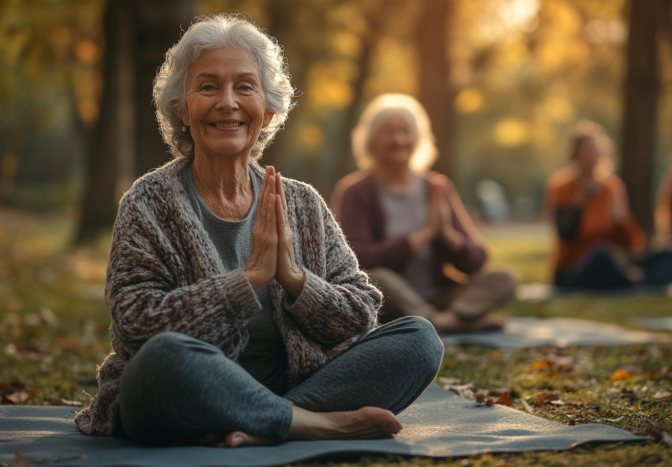 Grup de seniori practicând yoga în aer liber, zâmbind și simțindu-se energici