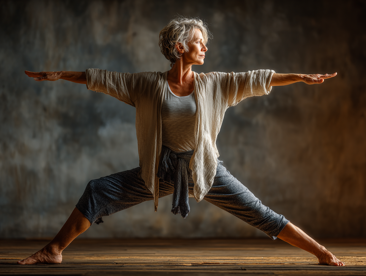 Instructoare de yoga demonstrând o poziție blândă pentru un grup de participanți seniori